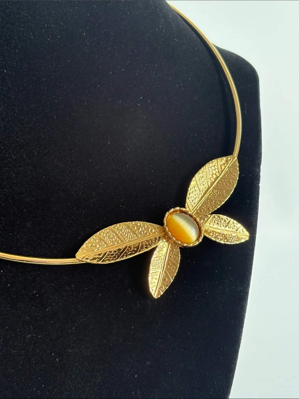 Gold Floral Collar Necklace with Cats Eye Gemstone